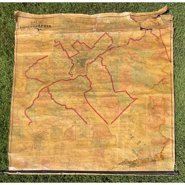 Authentic Antique Philadelphia Map on Canvas 1865 Wall Size 5' X 5' For Sale In Philadelphia - Image 6 of 6