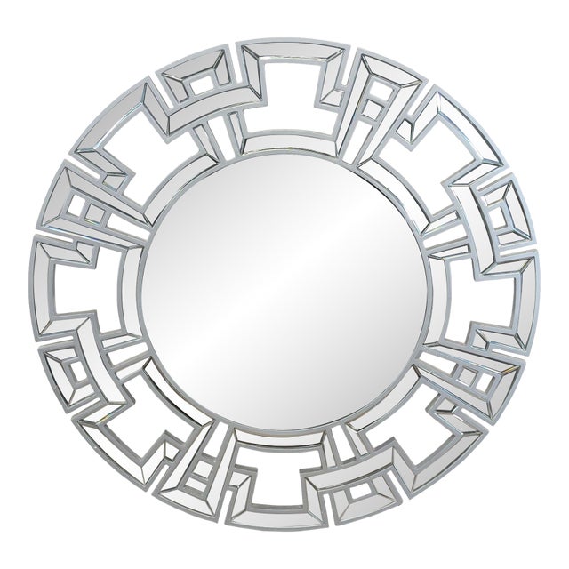 Wood and Beveled Glass Round Mirror With Geometric Wood Border For Sale