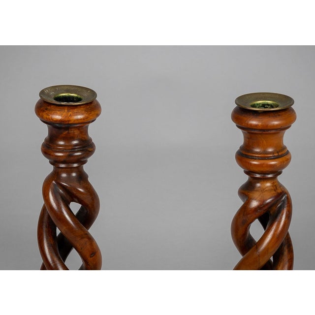 Mid 19th Century Antique Pair Yew Wood Open Barley Twist Candlesticks For Sale - Image 5 of 8