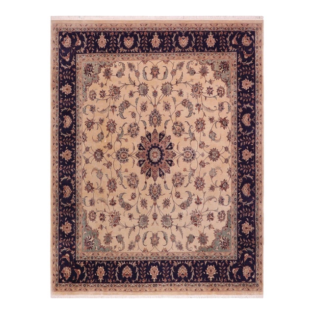 Shabby Chic 1990's Pak-Persian Tan/Blue Wool Rug - 8'0'' X 8'3'' For Sale