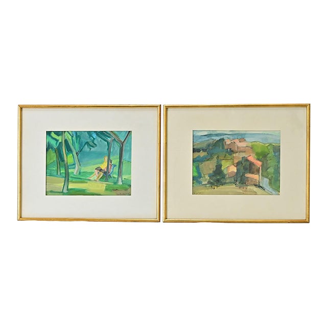French Pair of Vintage Watercolor Paintings in Gilt Frames For Sale