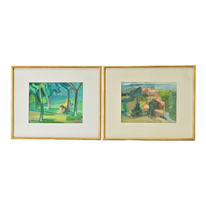 French Pair of Vintage Watercolor Paintings in Gilt Frames