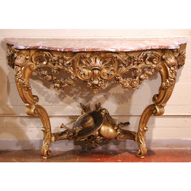 Early 19th Century French Louis XV Rococo Giltwood Console With Rouge Marble Top For Sale - Image 9 of 18