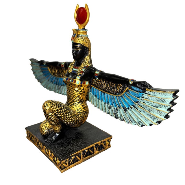 Traditional 1990s Hand Painted Resin Egyptian Goddess Tabletop Sculpture of Winged Deity Isis For Sale - Image 3 of 9