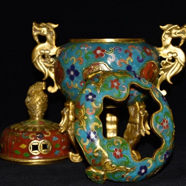 A magnificent and highly detailed vintage Chinese cloisonné censer (incense burner) with its original matching stand,...