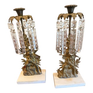 Pair Antique Victorian Figural Bronze Gilt Girandole Candlesticks Crystal Prisms For Sale