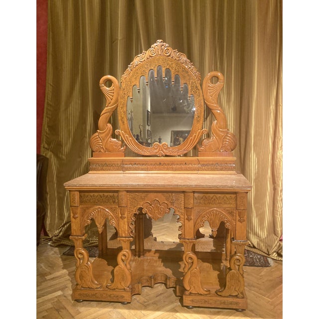 This italian regency period pier console or dressing table with swivel mirror and marble top is made of solid and burl...