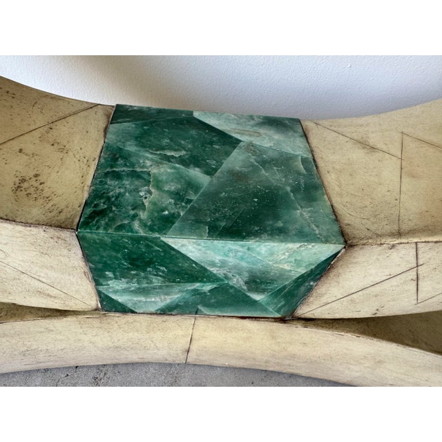 Karl Springer Art Deco–Style Parchment Leather and Malachite Accent Console Table For Sale - Image 4 of 12