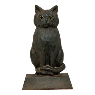 Rare & Unusual Large 13 Inch Tall Antique Cast Iron Seated Cat Doorstop With Realistic Glass Eyes Circa 1920s For Sale