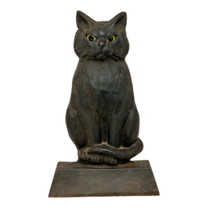 Rare & Unusual Large 13 Inch Tall Antique Cast Iron Seated Cat Doorstop With Realistic Glass Eyes Circa 1920s