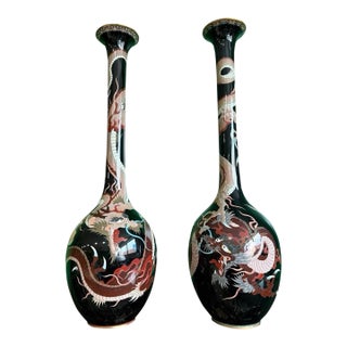 Monumental Pair of Meiji Japanese Cloisonne Enamel Dragons on Black Enamel Vases For Sale