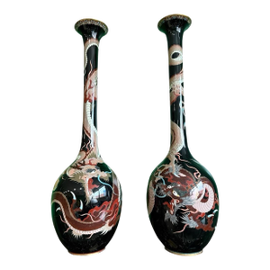 Monumental Pair of Meiji Japanese Cloisonne Enamel Dragons on Black Enamel Vases