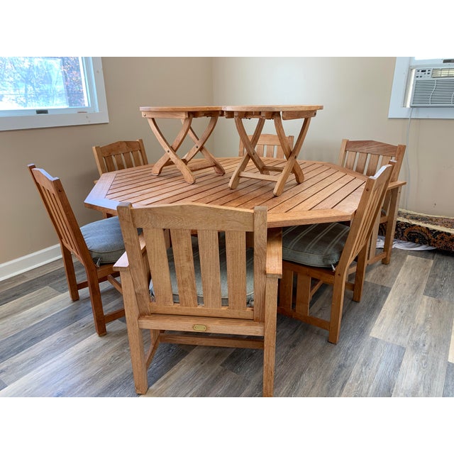 1990s Brown Jordan Mission Teak Patio Set With Table and Six Chairs