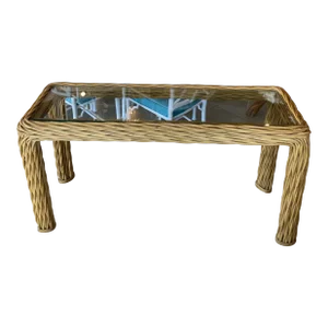 Vintage Palm Beach Twisted Rattan Reed Console Table New Glass Top