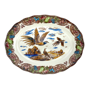 Vintage Hand Painted Japanese Pheasant Serving Platter With Fruit Border