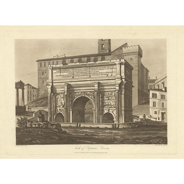 Antique print titled 'Arch of Septimius Severus'. Large aquatint of the Arch of Septimius Severus. The Arch of Septimius...