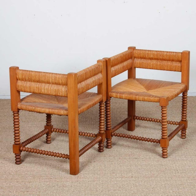 Turned Wood Corner Chairs with Straw Seats, 1940s, Set of 2 For Sale - Image 4 of 6