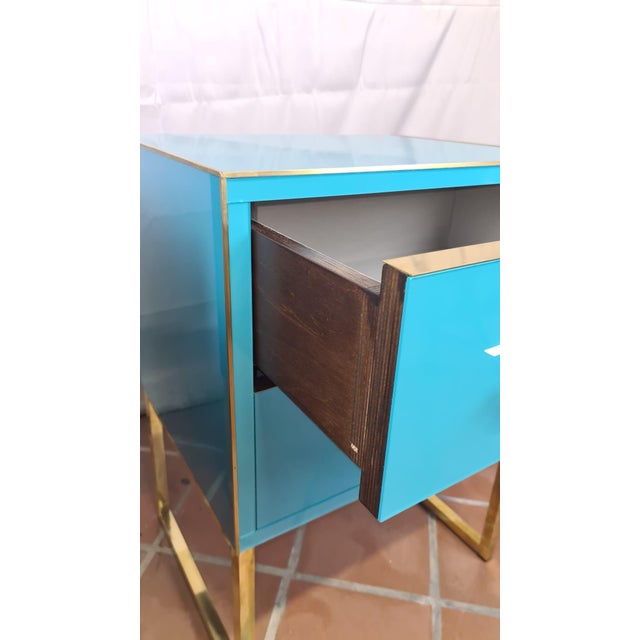 Light Blue Murano Glass Bedside Tables in Brass and Gray Velvet from Justfurnituress SRL, Set of 2 For Sale - Image 9 of 10