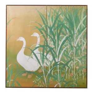 Japanese Meiji Two Panel Screen Geese and Reeds
