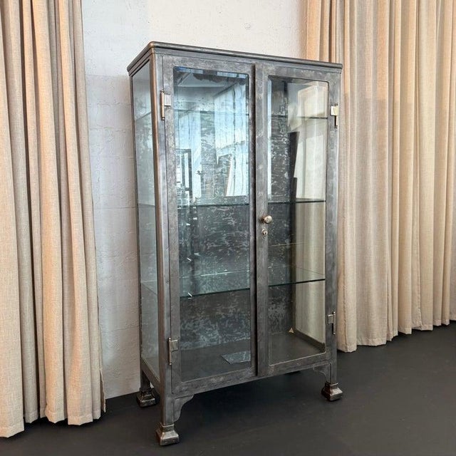 Metal Large Antique Double Door Brushed Steel Apothecary Vitrine Cabinet For Sale - Image 7 of 10
