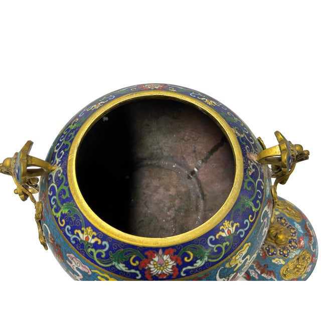 Turquoise Vintage Enamel Metal Bats Ru Yi Fortune Ding Shape Incense Burner Display Art For Sale - Image 8 of 9