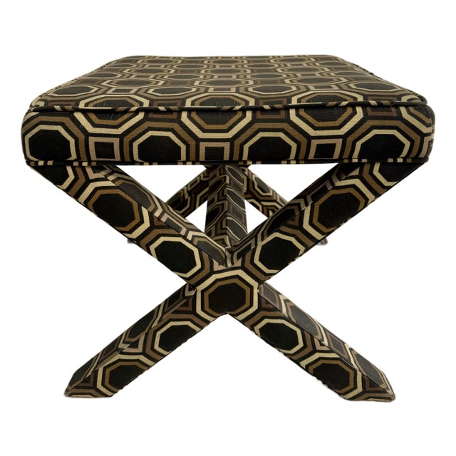 Late 20th C. Hollywood Regency X-Bench Stool With Geometric Upholstery For Sale