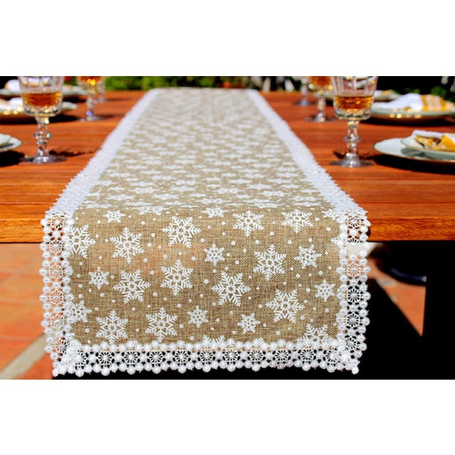 Lace Eco Friendly French Woven Jute Table Runner With Snowflake Chairish