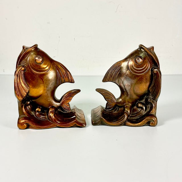 Metal 1970s Vintage Coastal Boho Chic Copper Over Cast Metal Koi Fish Bookends - A Pair For Sale - Image 7 of 13