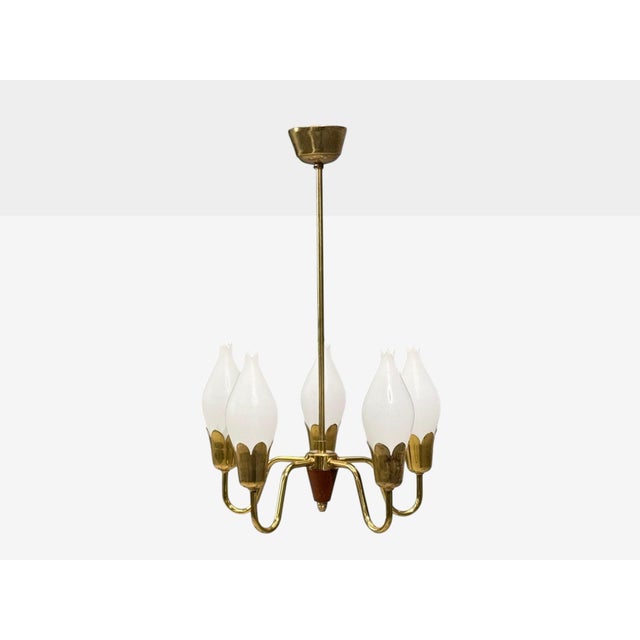 Fog & Mørup, Tulip Chandelier, Opal Glass, Brass, Teak, Denmark, 1960s For Sale - Image 4 of 10