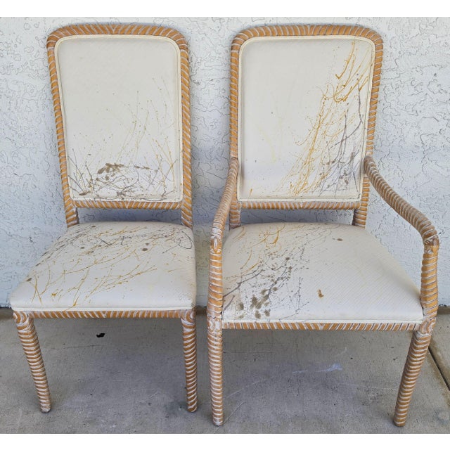 Coastal Carved Faux Rope Solid Wood Dining Chairs Abstract Upholstery Set of 6 For Sale - Image 4 of 18