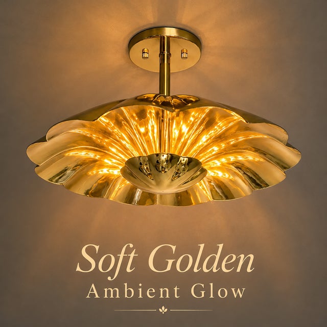 Brass Scallop Ceiling Light, Hollywood Regency Semi Flush Mount, Handmade Clam Shell Ceiling Lamp, Art Deco Gold Brass Fixture 28 Inch For Sale - Image 11 of 13