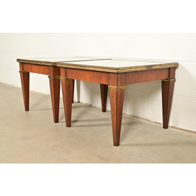 Baker Furniture French Regency Louis XVI Cherry, Burl Wood, and Brass Side Tables, Pair For Sale - Image 10 of 10