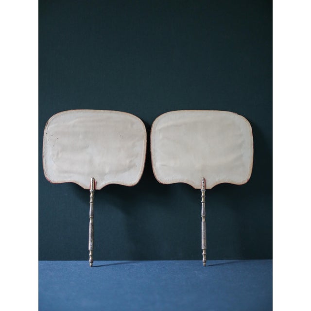 Early 19th Century Pair of Antique Theorem Painted Velvet Hand Fans With Gilt Handles For Sale - Image 5 of 10