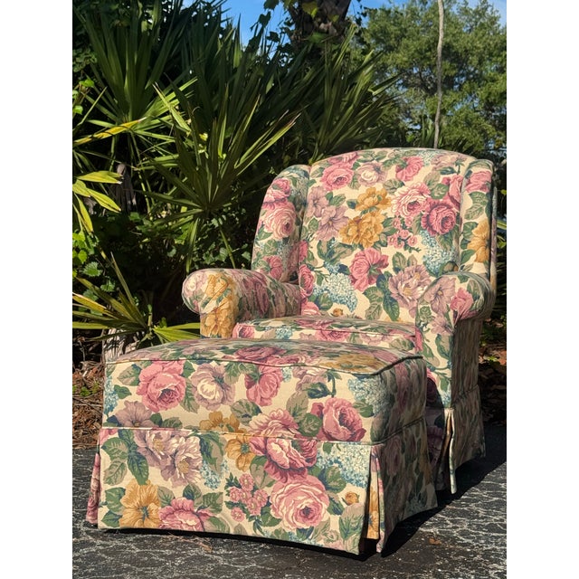 Vintage Hickory Hill Floral Upholstered Armchair & Ottoman | Traditional English Country Style For Sale In Tampa - Image 6 of 12