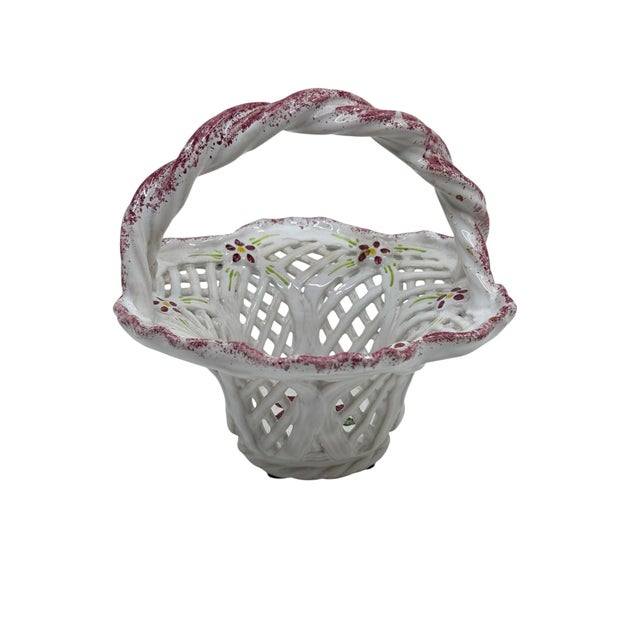 Traditional Small Pink and White Reticulated Ceramic Basket Made in Portugal For Sale - Image 3 of 10
