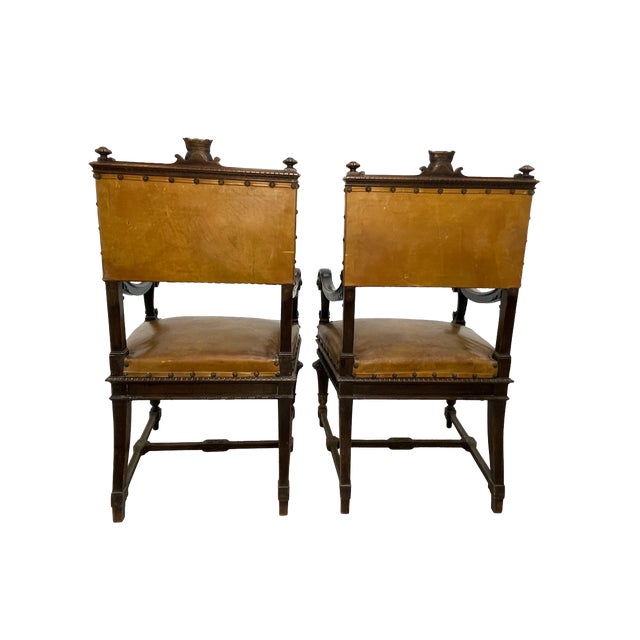 Set of 8 Italian Walnut Dining Chairs With Embossed Leather, Late 19th Century For Sale In Los Angeles - Image 6 of 18