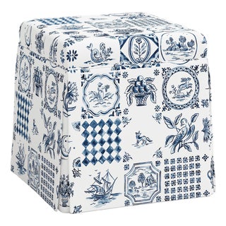 Dyer Skirted Storage Ottoman in Delft Print For Sale