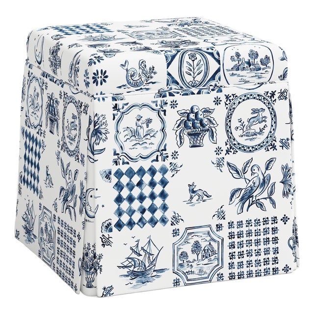 Dyer Skirted Storage Ottoman in Delft Print For Sale