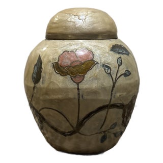 Vintage Hand-Painted Cloisonné Brass Ginger Jar With Floral Enamel For Sale