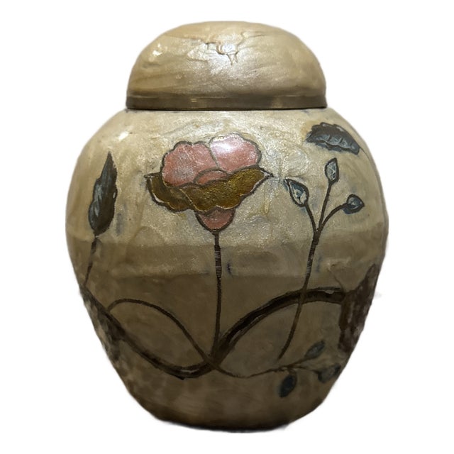 Vintage Hand-Painted Cloisonné Brass Ginger Jar With Floral Enamel For Sale