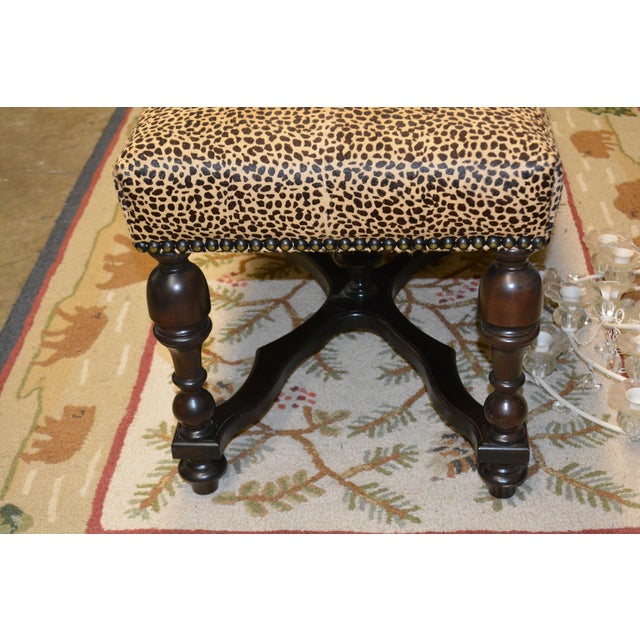 Cheetah Print Cowhide Covered Bench Ottoman W/ Nail Head Trim & Baluster Wood Base For Sale - Image 10 of 18
