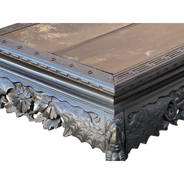 Vintage Chinese Black Relief Floral Carving Apron Claw Legs Side Console Table For Sale - Image 10 of 12