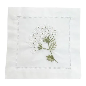 White Hydrangea Cocktail Napkins in White Cotton With Hem Stitch, Embroidered - Set of 4