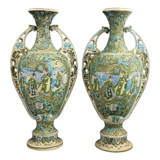 Antique Victorian Japanese Moriage Vases with High Relief Figures, 1890s, Set of 2 For Sale