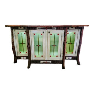 Diane Ross Signed Rustic Breakfront Credenza-Reclaimed Oak & Fused Glass Art For Sale
