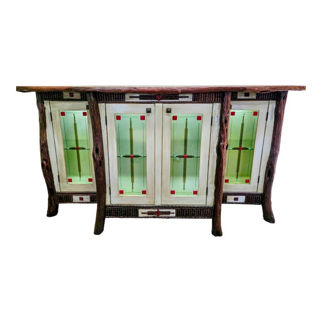 Diane Ross Signed Rustic Breakfront Credenza-Reclaimed Oak & Fused Glass Art For Sale