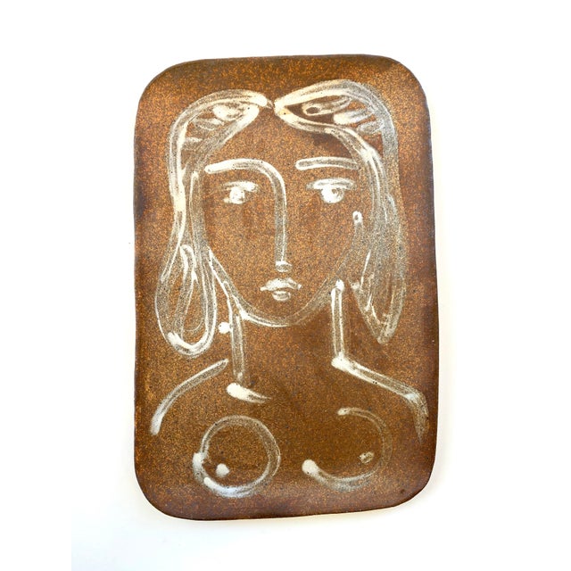 Handmade Earthenware Slip Painted Platter With Figure For Sale In Boston - Image 6 of 6