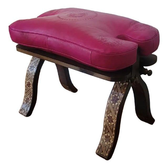 Handcrafted Moroccan Camel Saddle, Genuine Leather Cushion Stool / Pink For Sale