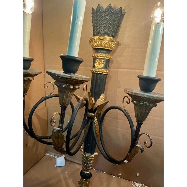 Pair Neoclassic Italian Carved Wood Iron Black Gold Painted Arrow Wall Sconces For Sale - Image 11 of 12