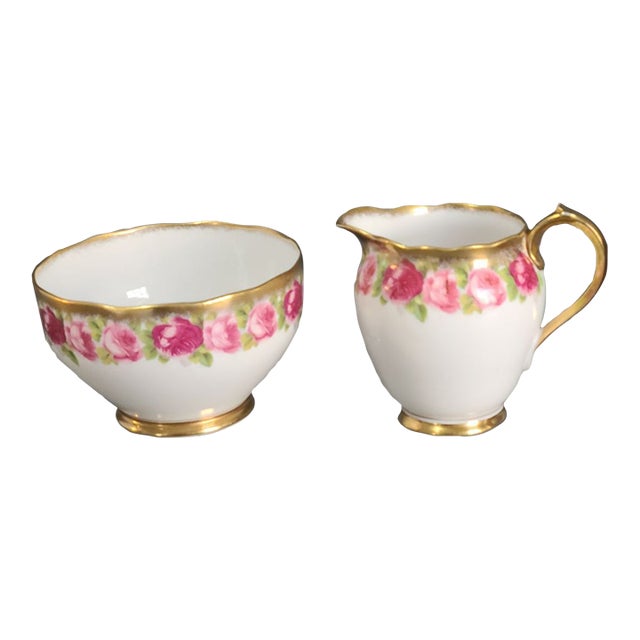 Vintage English Gilded Painted Romantic Roses Roslyn Fine Bone China Creamer & Sugar Set For Sale